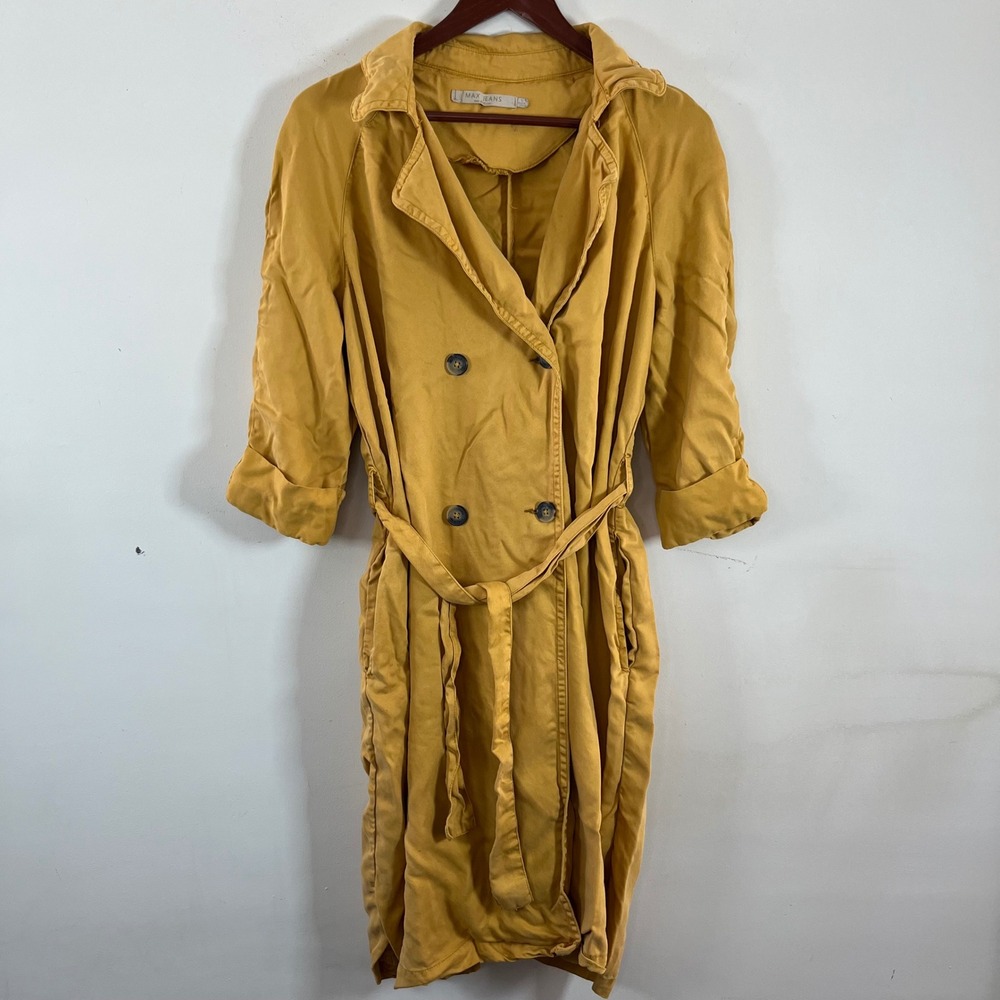Max Jeans Trench Coat Mustard Yellow Jacket 3/4 Sleeves Tencel Size Small Spring - Picture 2 of 7